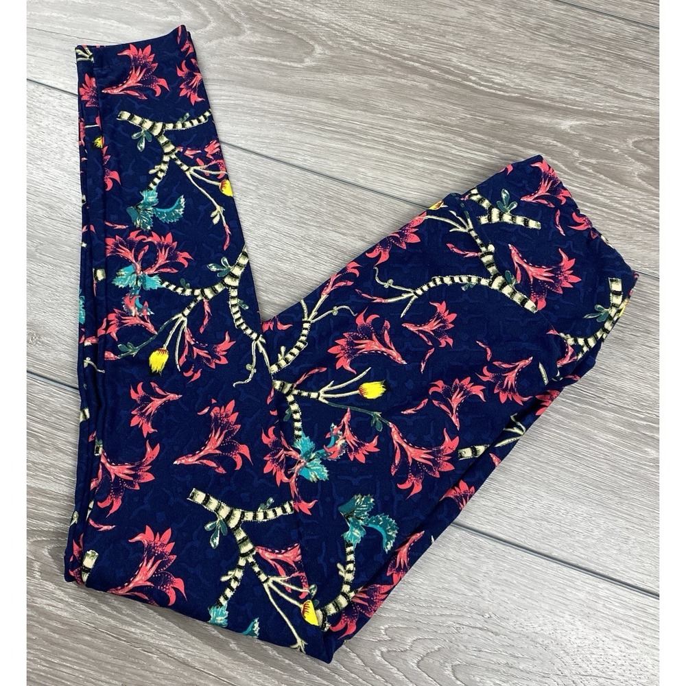Lularoe Women's Pull On Floral‎ Pattern Leggings Navy One Size